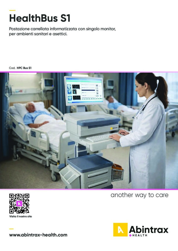 Postazione carrellata informatizzata singolo monitor ambienti sanitari asettici ABX HealthBus S1